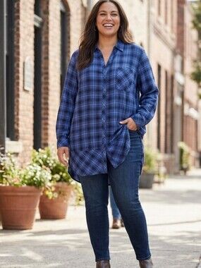 J. Jill Womens Medium Size Xl Blue & Black Plaid Button Up Shirt 100 % Cotton